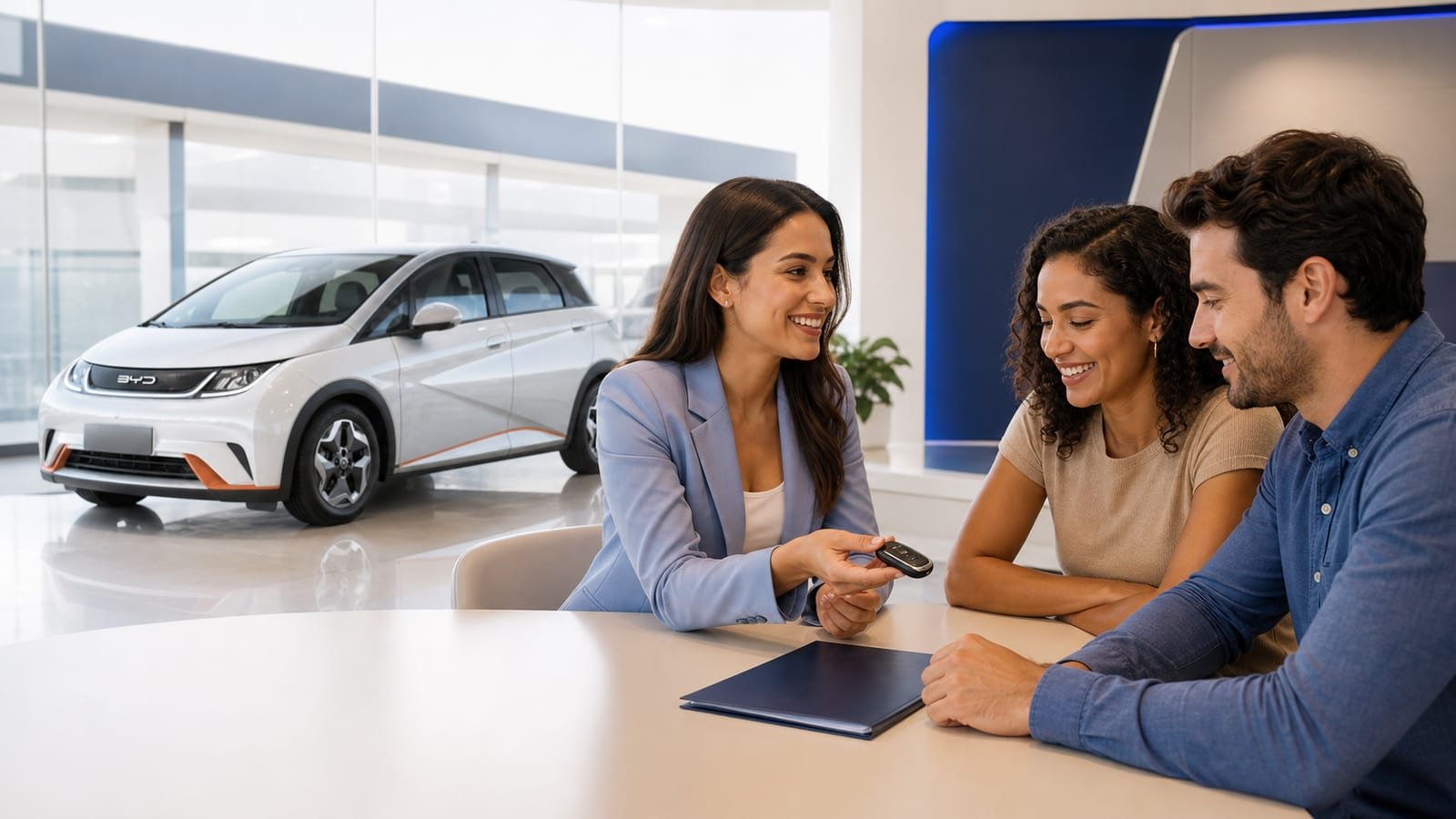 Consultora apresentando uma proposta a um casal com um BYD Dolphin branco ao fundo
