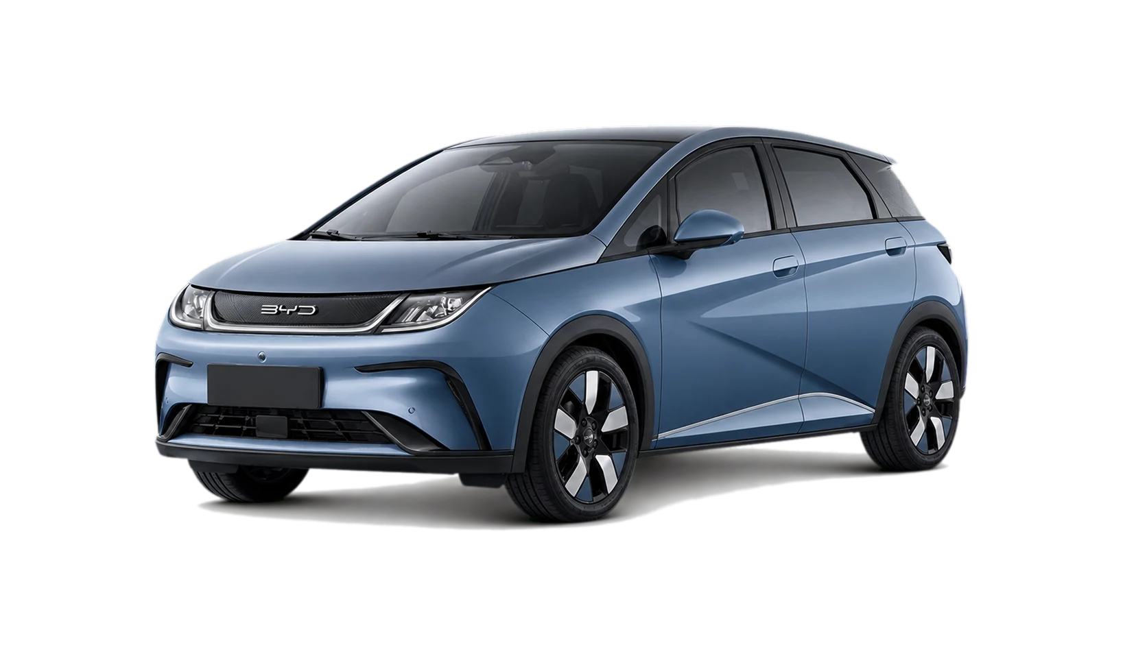 BYD Dolphin azul-cinza junto à avaliação excelente da Meu Carro