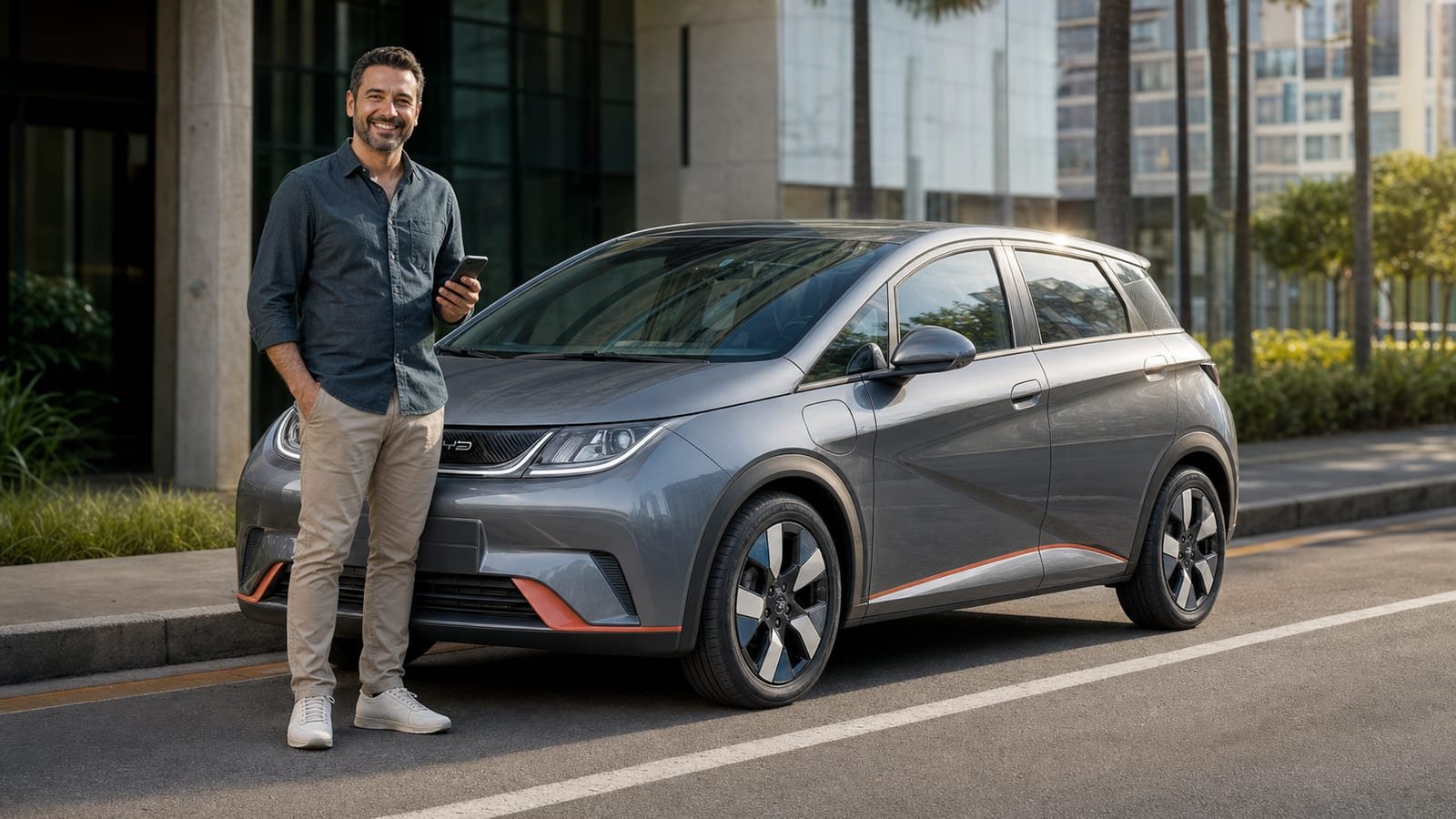 Motorista de aplicativo ao lado de um BYD Dolphin cinza